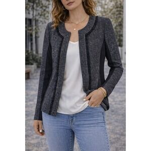Express Womens 8 Charcoal Metallic Tweed Ruffle Chain Trim Open Front Blazer